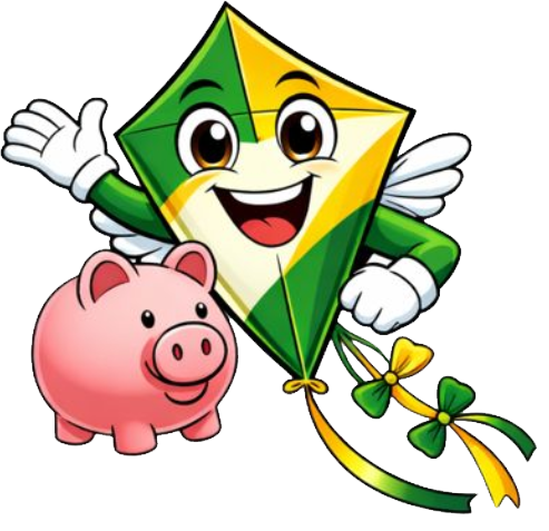 Skyler the kite holding a piggy bank for savings
